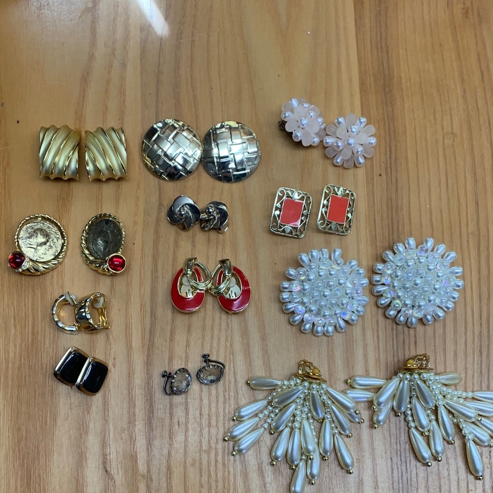 12 Pair Vintage Clip-on EarringsBeaded Metal Enamel Goldtone Silvertone